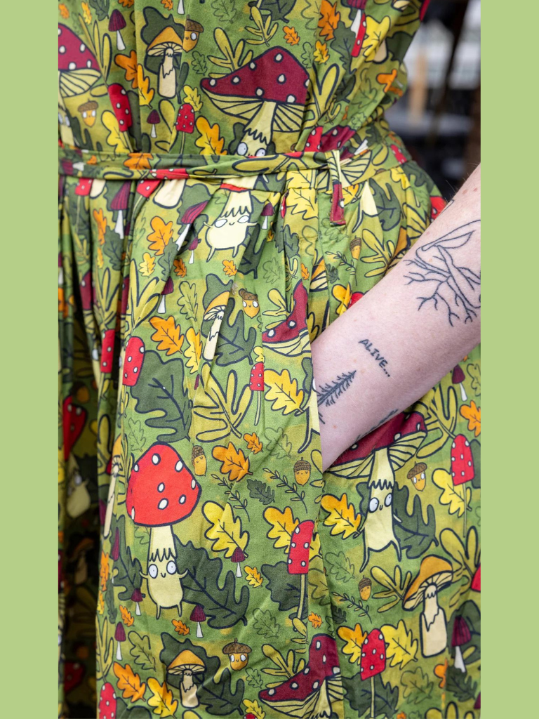 Run & Fly - Katie Abey Mushroom Bois Stretch Belted Tea Dress with Pockets