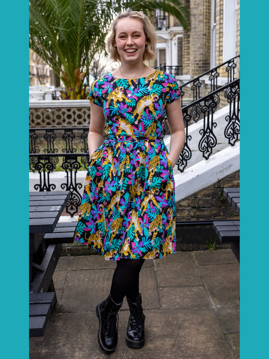 Run & Fly - Black Tiger Lily Stretch Belted Tea Dress with Pockets