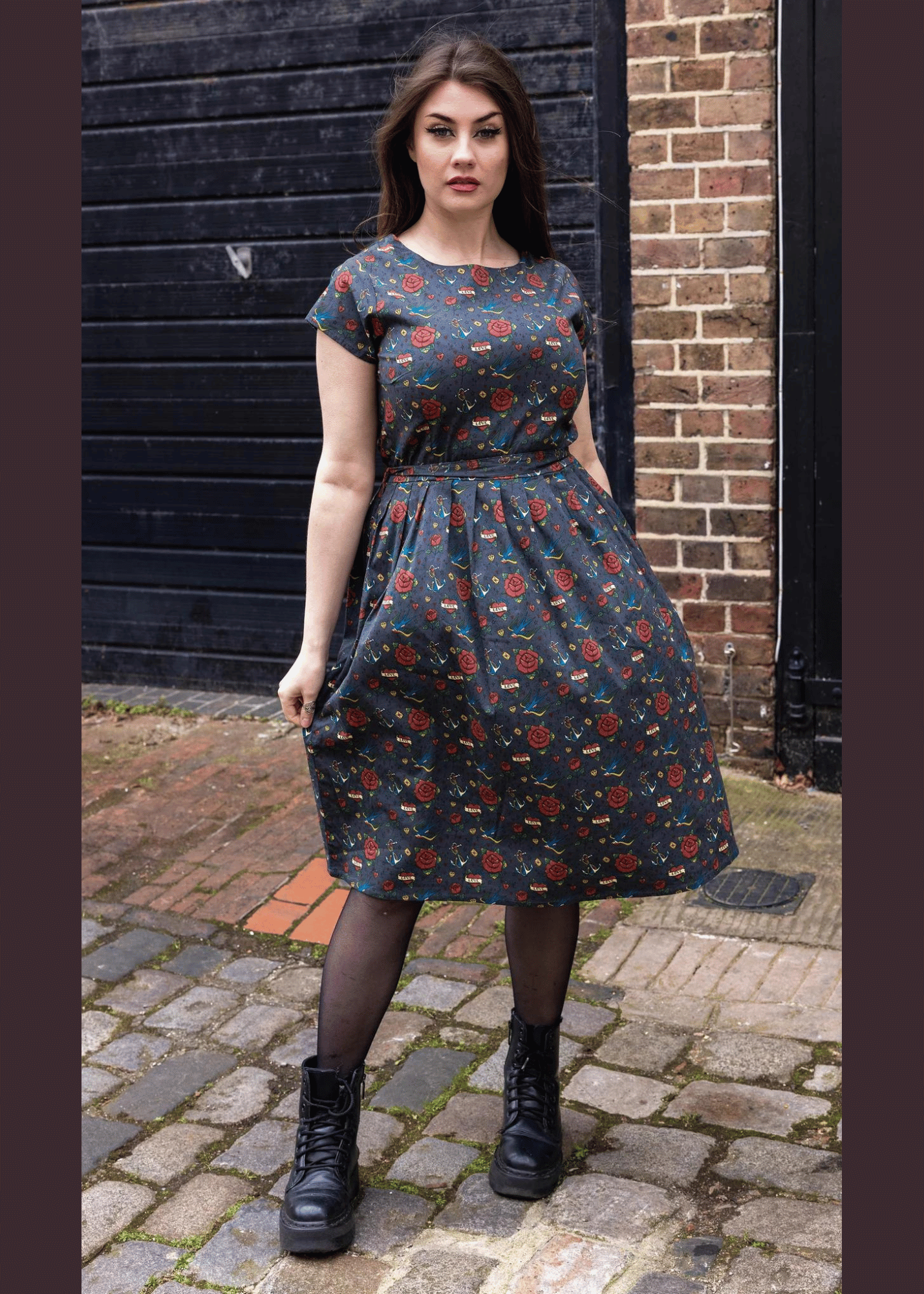 Run & Fly - Retro Tattoo Stretch Belted Tea Dress with Pockets