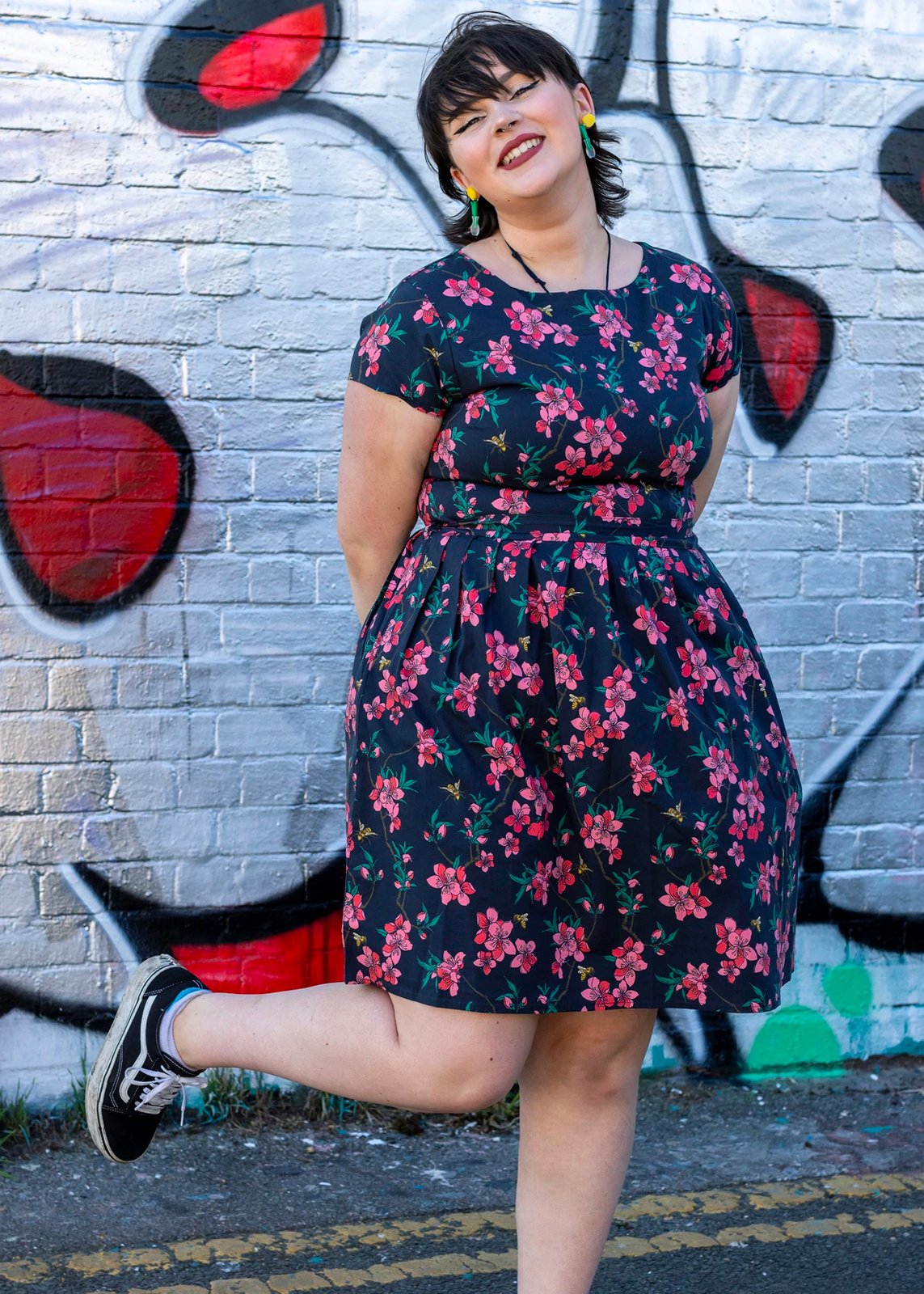 Run & Fly - Cherry Blossom Black Belted Stretch Tea Dress with Pockets