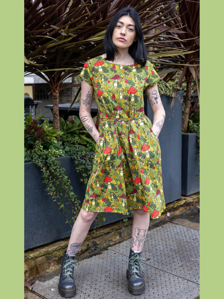 Run & Fly - Katie Abey Mushroom Bois Stretch Belted Tea Dress with Pockets