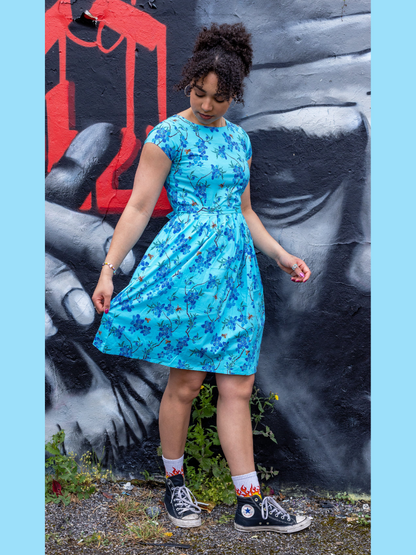 Run & Fly - Cherry Blossom Blue Belted Stretch Tea Dress with Pockets
