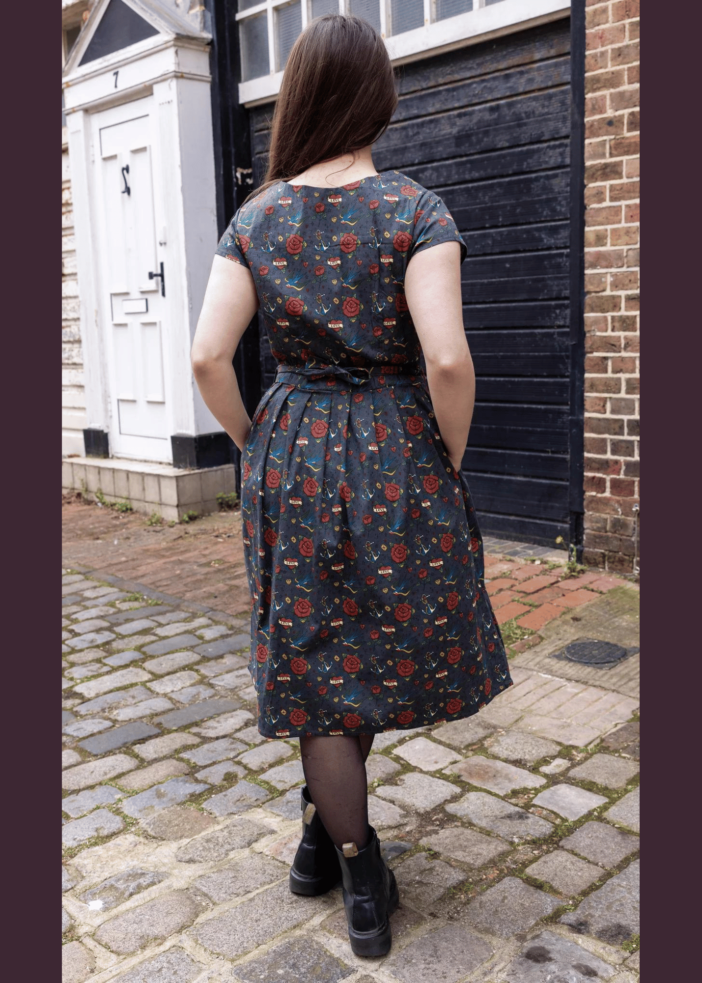 Run & Fly - Retro Tattoo Stretch Belted Tea Dress with Pockets
