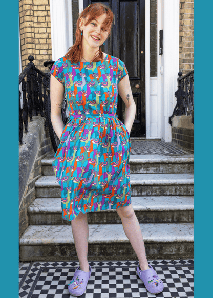 Run & Fly - Party Llama Stretch Belted Tea Dress with Pockets