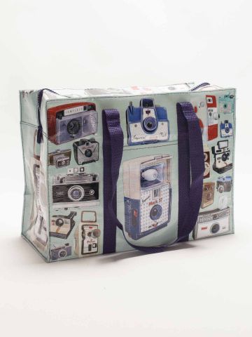 Camera Shoulder Tote by Blue Q Sturdy large shoulder bag with retro camera illustrations Chunky navy zip around fastening
