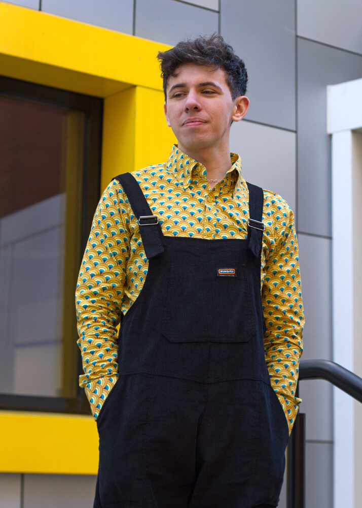 Run & Fly - Unisex Corduroy Dungarees in Black & Run & Fly - Yellow & Blue Deco Shirt