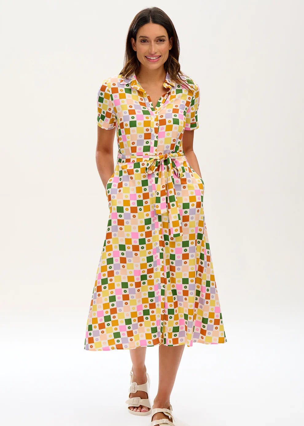 Sugarhill Brighton Lauretta Floral Checkerboard Midi Shirt Dress
