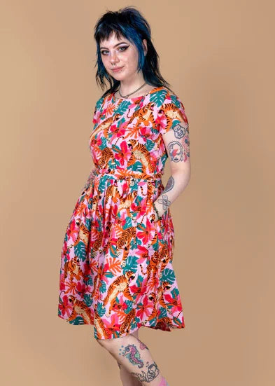 Run & Fly - Tiger Lily Stretch Belted Tea Dress with Pockets