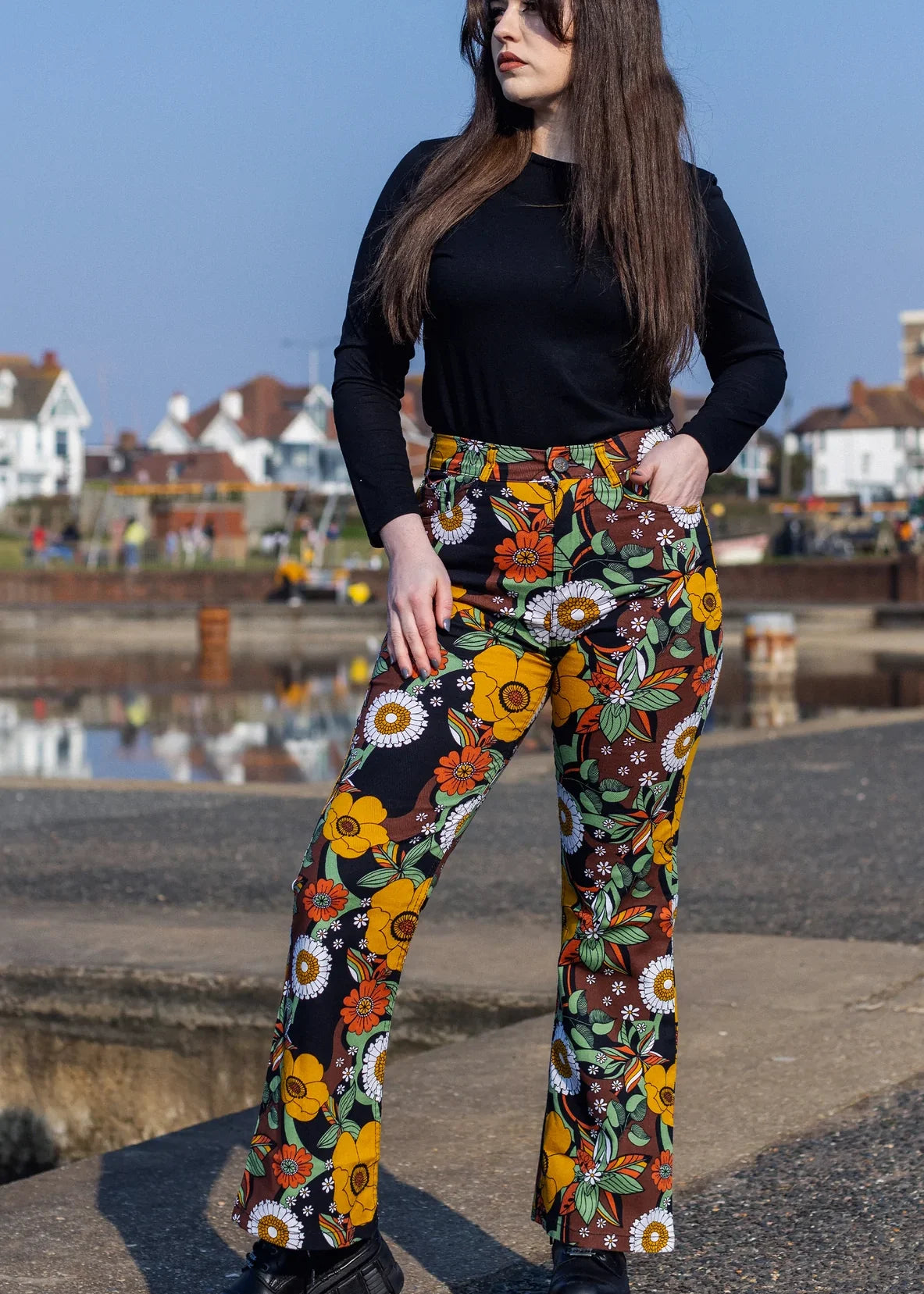 Run &amp; Fly - 70's Black Floral High Waisted Bell Bottom Flares