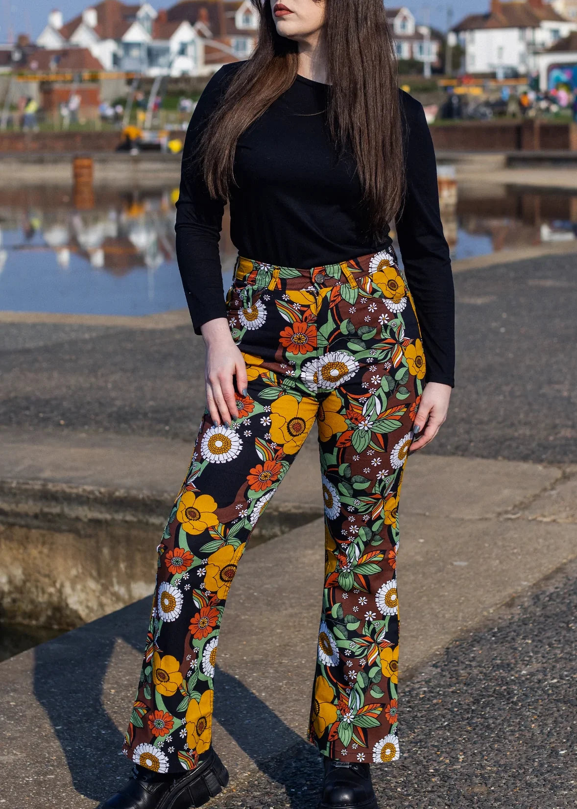 Run &amp; Fly - 70's Black Floral High Waisted Bell Bottom Flares