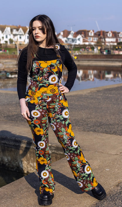 Run &amp; Fly - 70's Black Floral Stretch Skinny Flared Dungarees