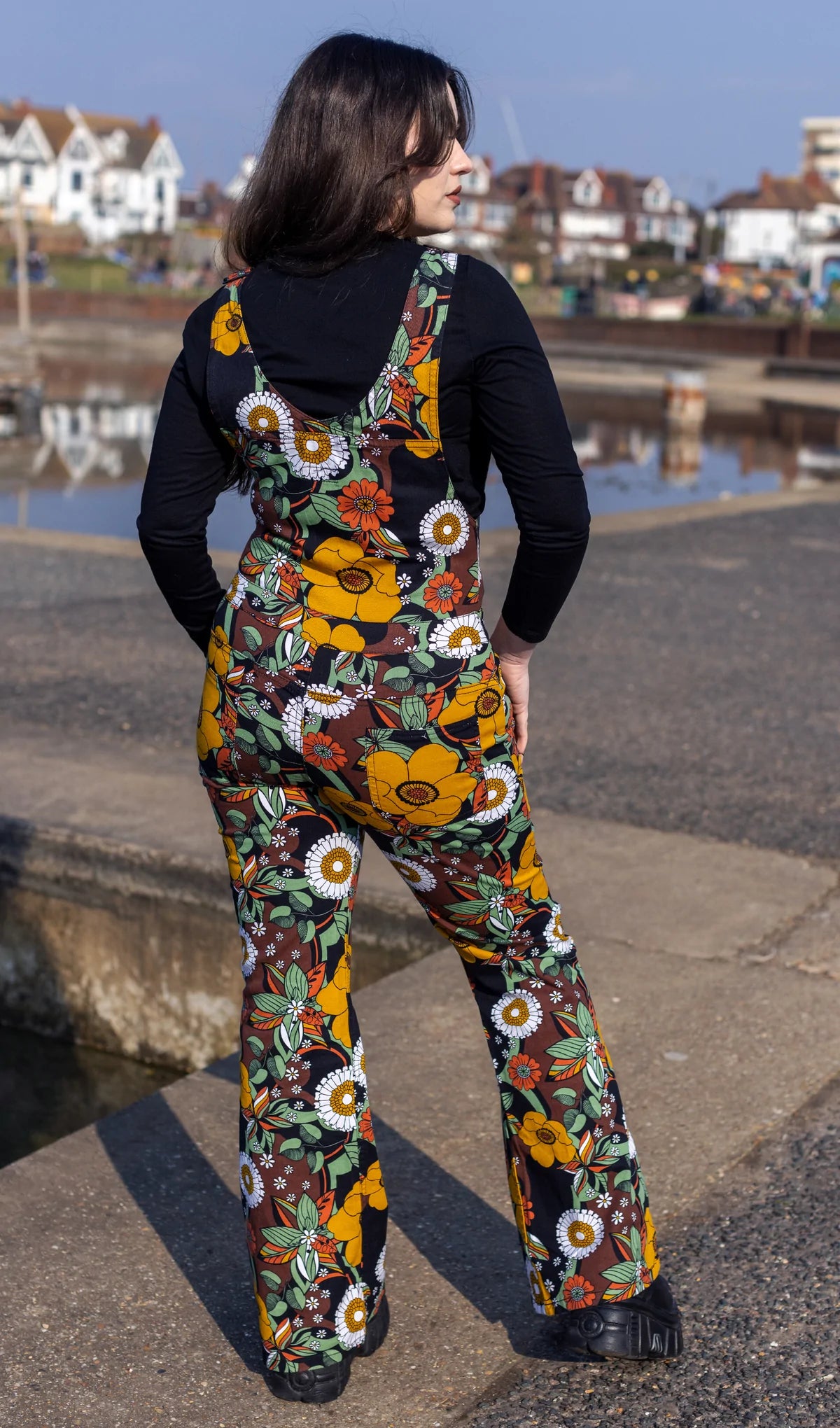 Run &amp; Fly - 70's Black Floral Stretch Skinny Flared Dungarees