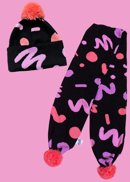 Home of Rainbows - Pink Squiggle Knit Pom Pom Scarf & Hat Bundle