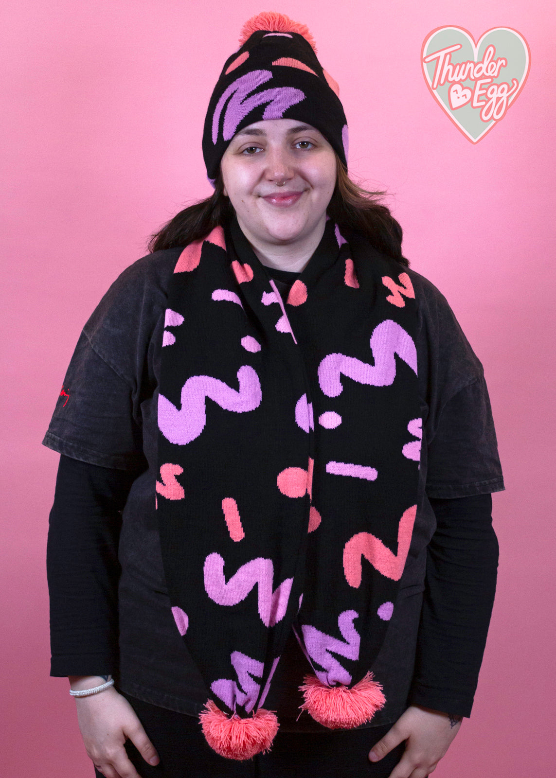 Home of Rainbows - Pink Squiggle Knit Pom Pom Scarf Home of Rainbows - Pink Squiggle Knit Pom Pom Hat