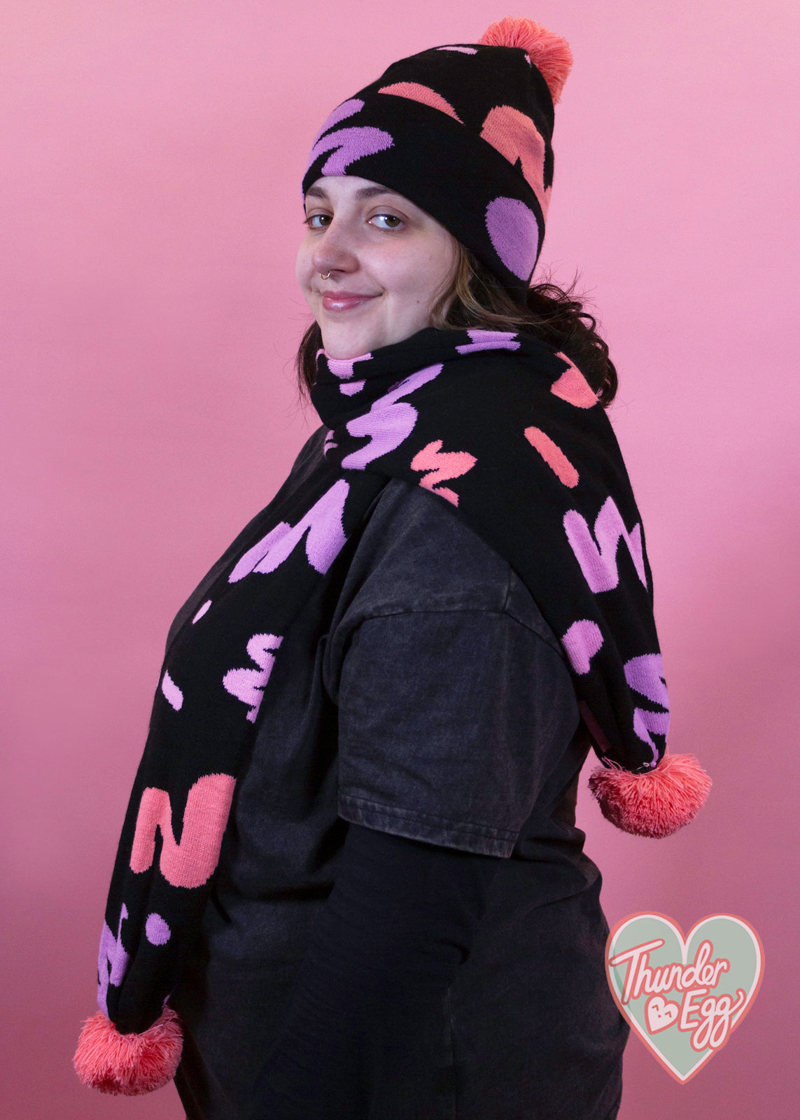 Home of Rainbows - Pink Squiggle Knit Pom Pom Scarf Home of Rainbows - Pink Squiggle Knit Pom Pom Hat