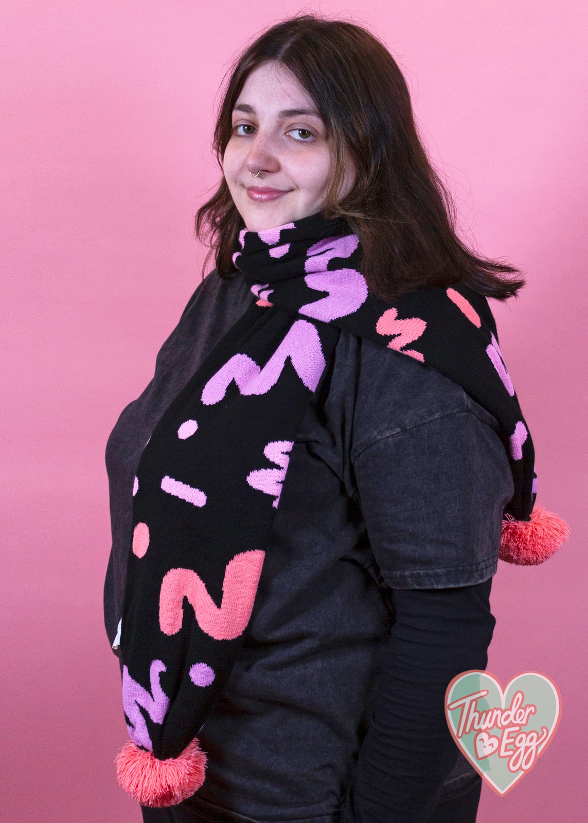 Home of Rainbows - Pink Squiggle Knit Pom Pom Scarf