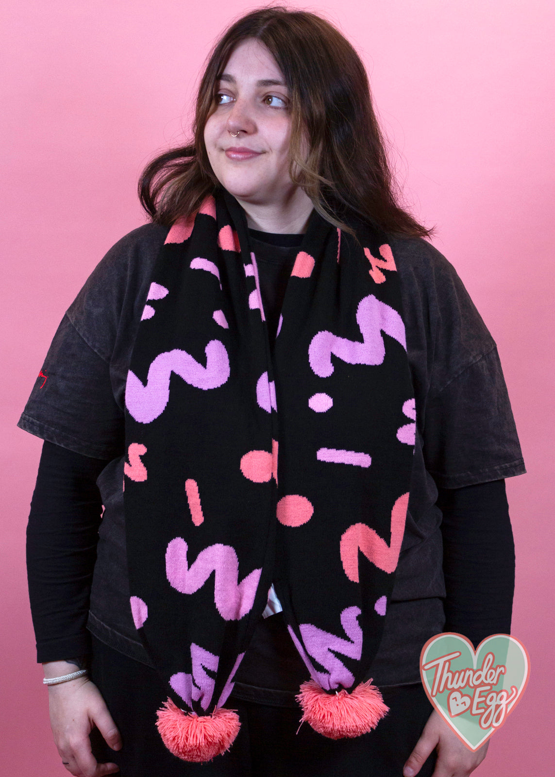 Home of Rainbows - Pink Squiggle Knit Pom Pom Scarf