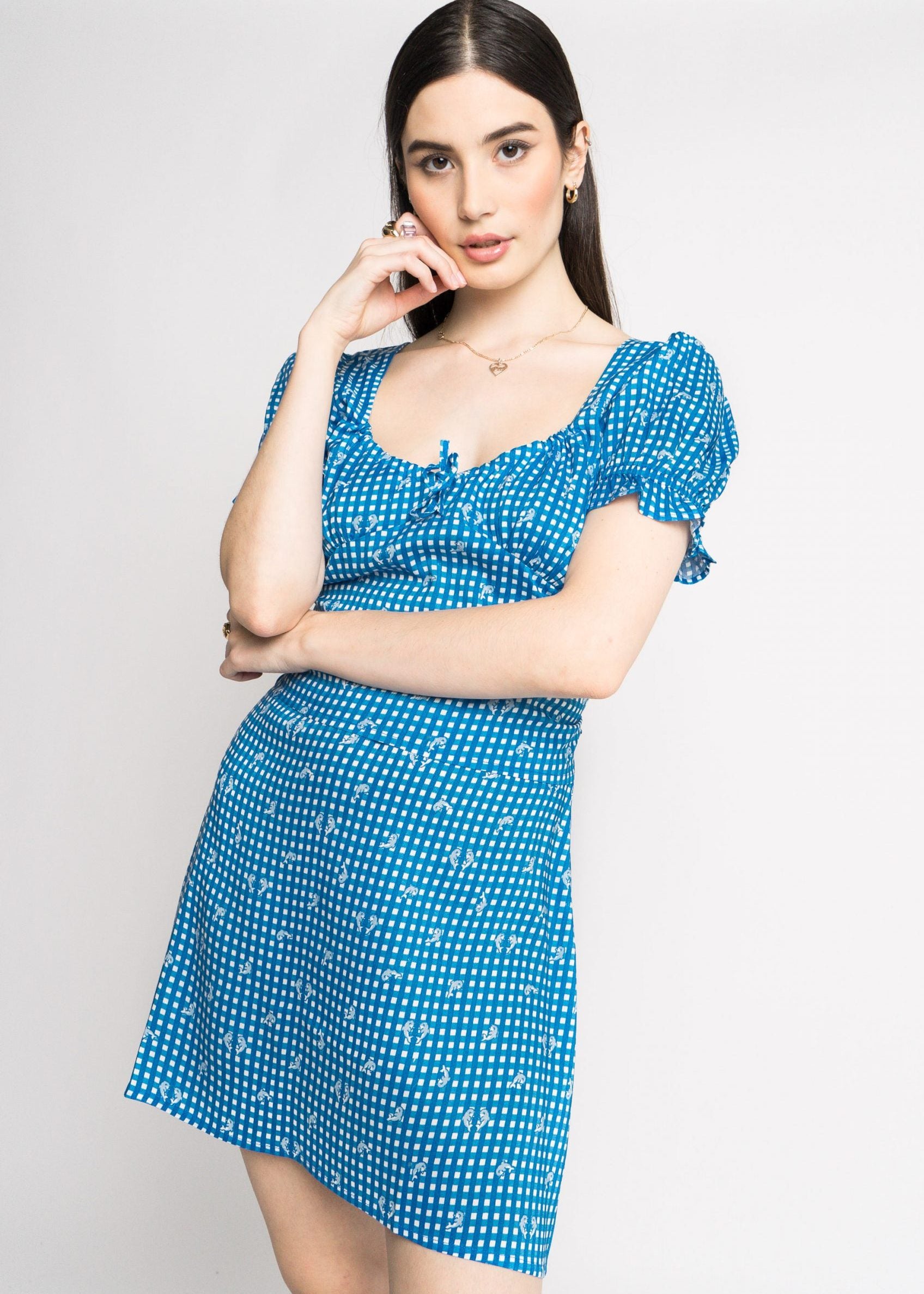Daisy Street - Gingham Dolphin Puff Sleeve Top