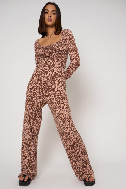 Daisy Street - Brown and Pink Floral Flared Trousers