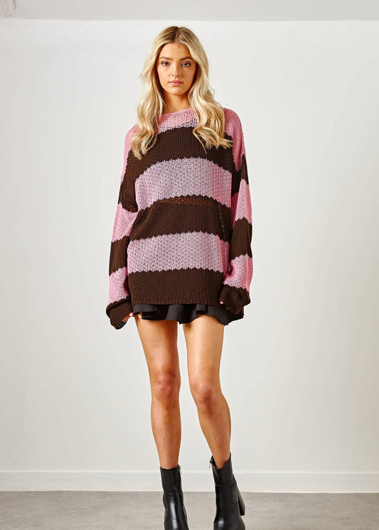 Daisy Street - Pink and Brown Oversized Striped Jumper