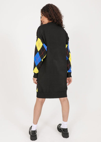 Blue and Yellow Argyle Knit Jumper Dress
