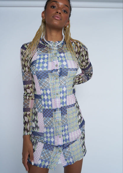 Daisy Street - Patterned Button up Mesh Shirt Dress